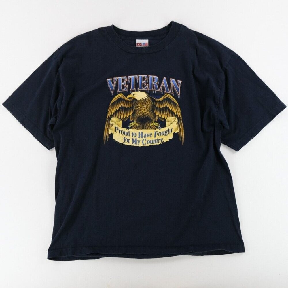 Vintage 90s Heavyweight Veteran Eagle American Sz. 2XL Navy T-Shirt Military